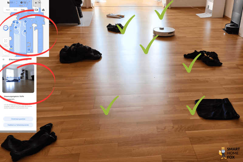 Das Testergebnis des Dreame L20 Ultra bei der Hinderniserkennung von Textilien ist zu sehen.